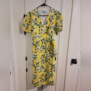 Draper James 100% Linen Lemon Fruit Print True Wrap Puff Sleeve Midi Dress 0